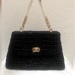 Cappelli Straworld Black Raffia Handle Bag with Gold and Pearls Chains